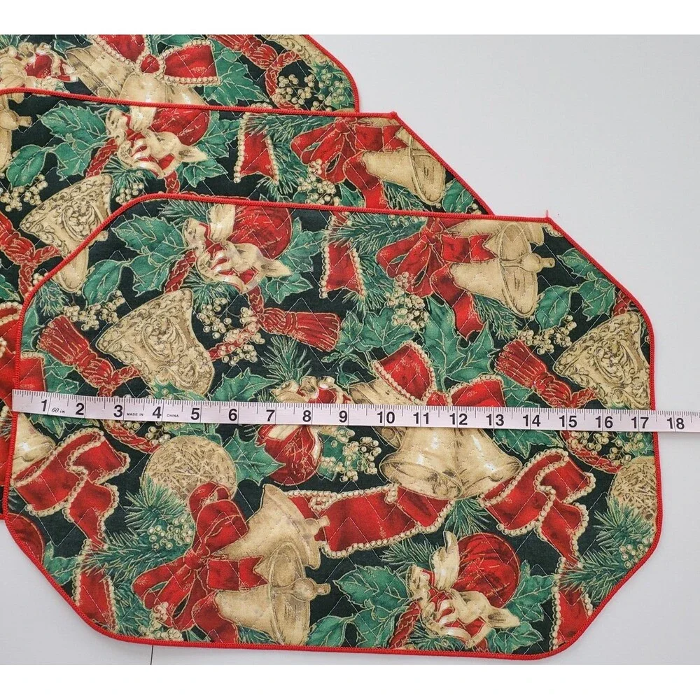 Vintage Placemats 4 Quilted Christmas Bells Red Green Black Gold Octagon 17x12